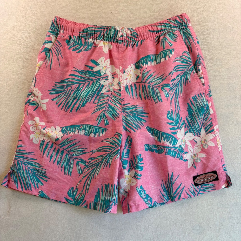 Vineyard Vines Boys Pink Tropical Floral Swim Trunks Size Large 3M001098